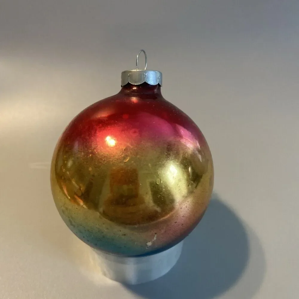 Vintage Christmas Ombre Glass Ornament Hand Made In USA Blue Red Gold Fade